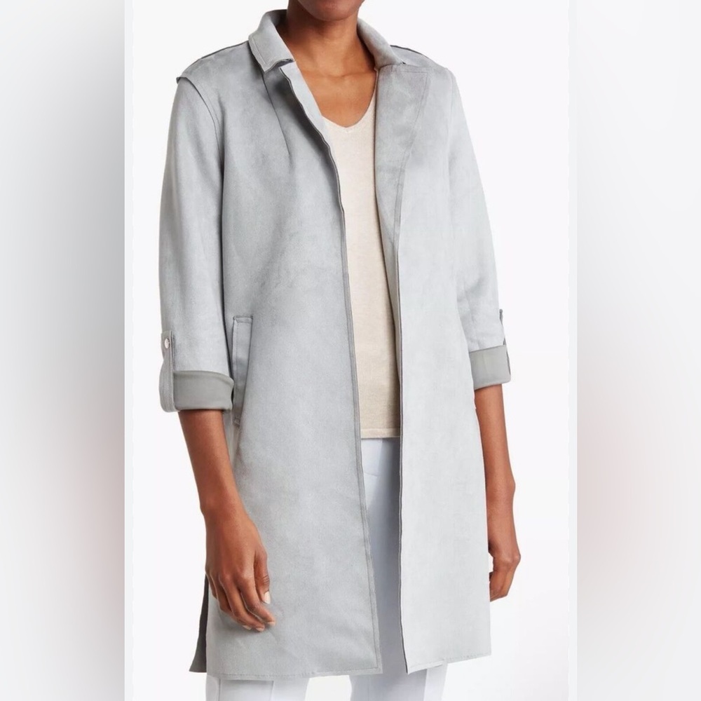 NWOT T Tahari Faux Suede Roll Tab Sleeve Open Coat